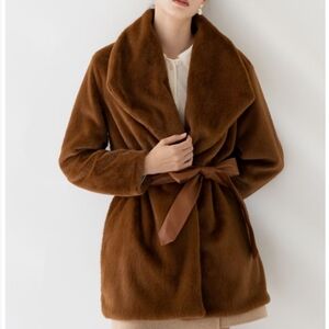 Chicwish Brown Faux Fur Teddy Jacket with Tie Belt